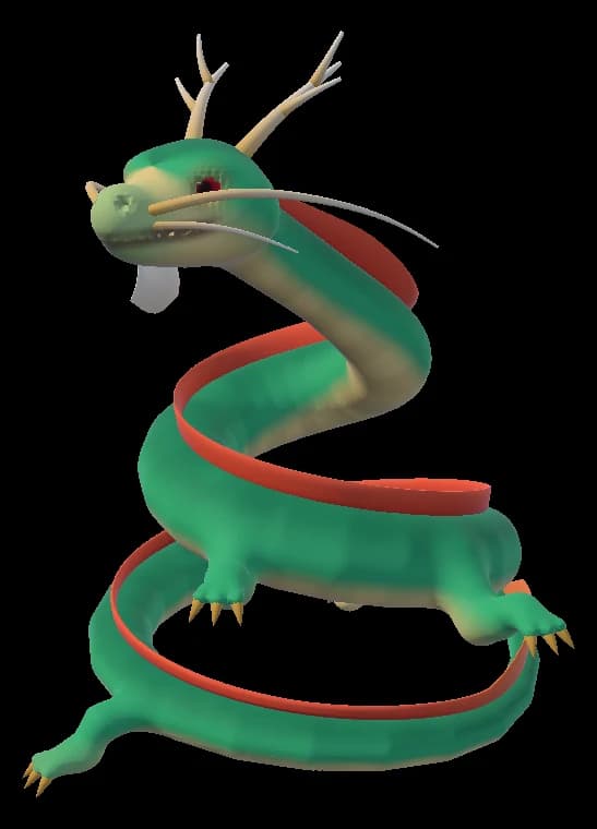 The Eastern Lung, a green serpentine dragon with antlers and a red dorsal fin, coiled and rearing up.