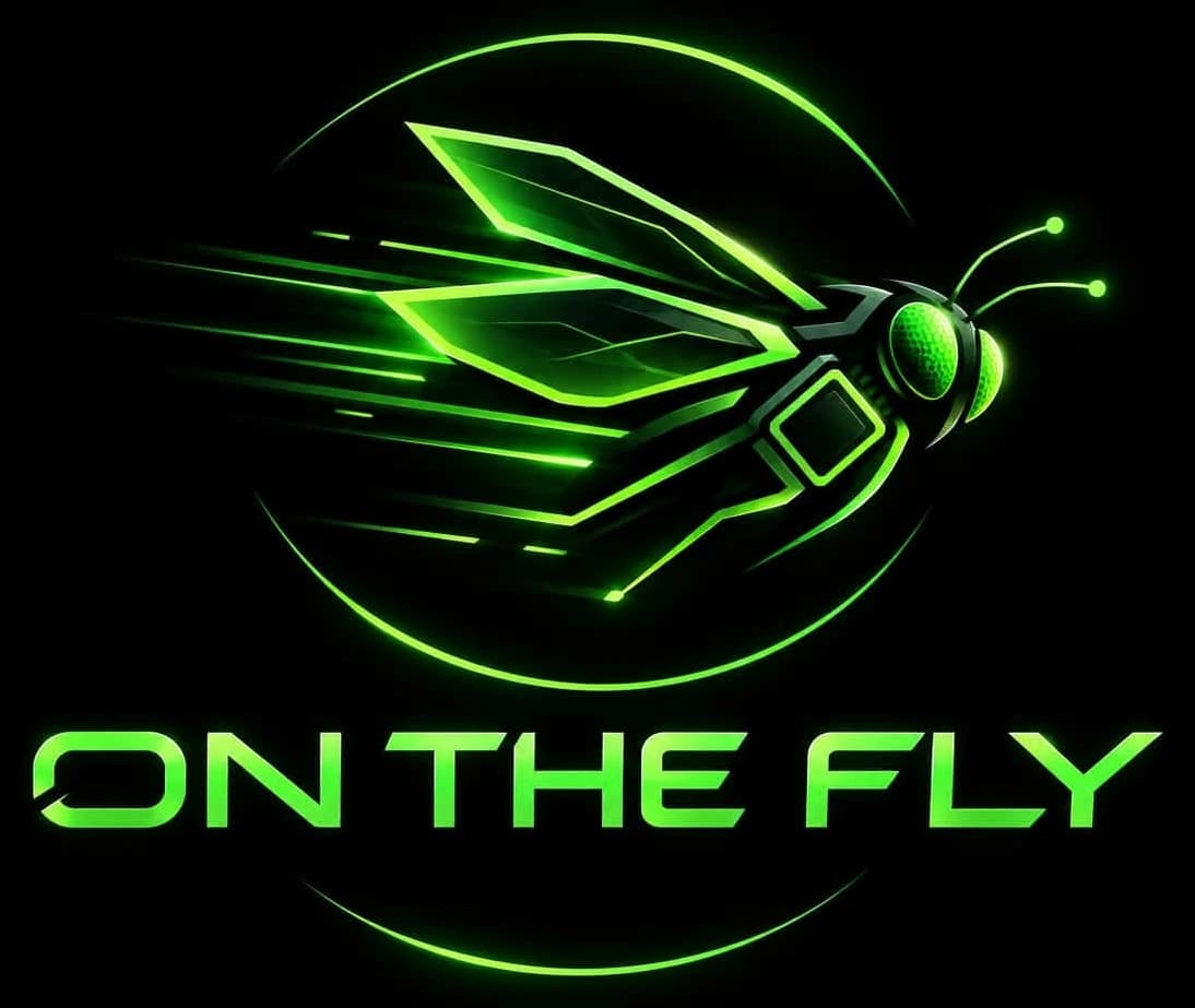 On the Fly Studios. A neon green fly with trailing speed lines above the words On the Fly.